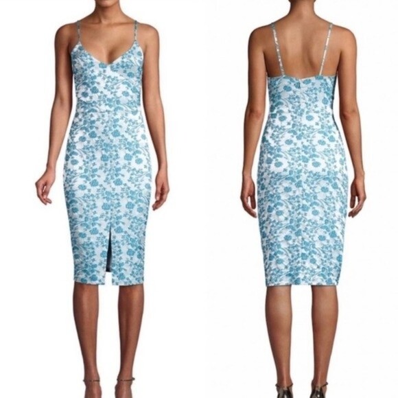 Likely Brooklyn Brocade Blue Floral Front Slit Bodycon Cocktail Dress - Picture 1 of 9